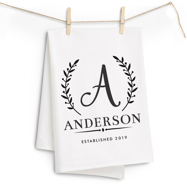 Personalized Kitchen Towel with Leaf Border and Last Name — The