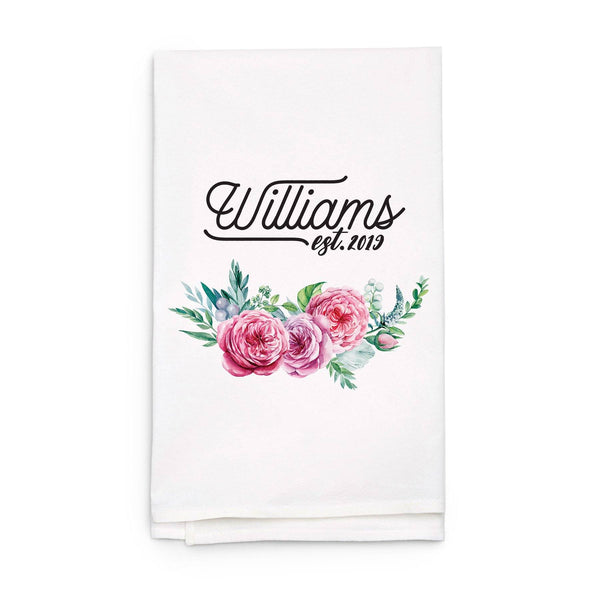 Last Name, Est. Year, Floral Tea Towel - Personalized Kitchen Towel –  Canvastry
