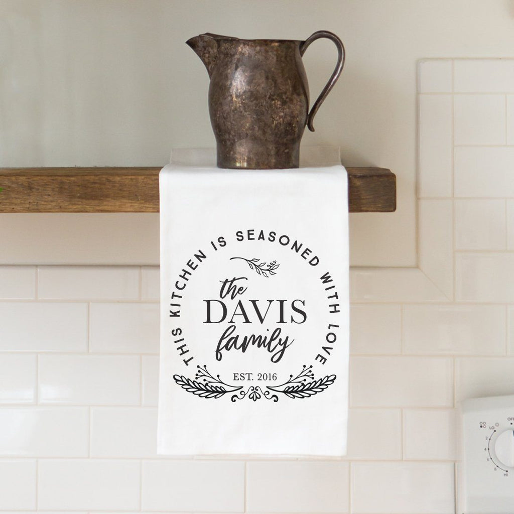 Personalized Kitchen Towel with Leaf Border and Last Name — The